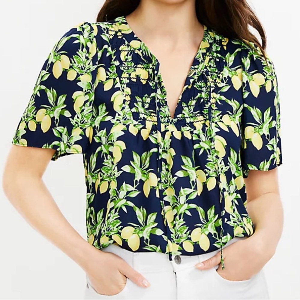 Lemon Ruffle Button Mixed Media Top